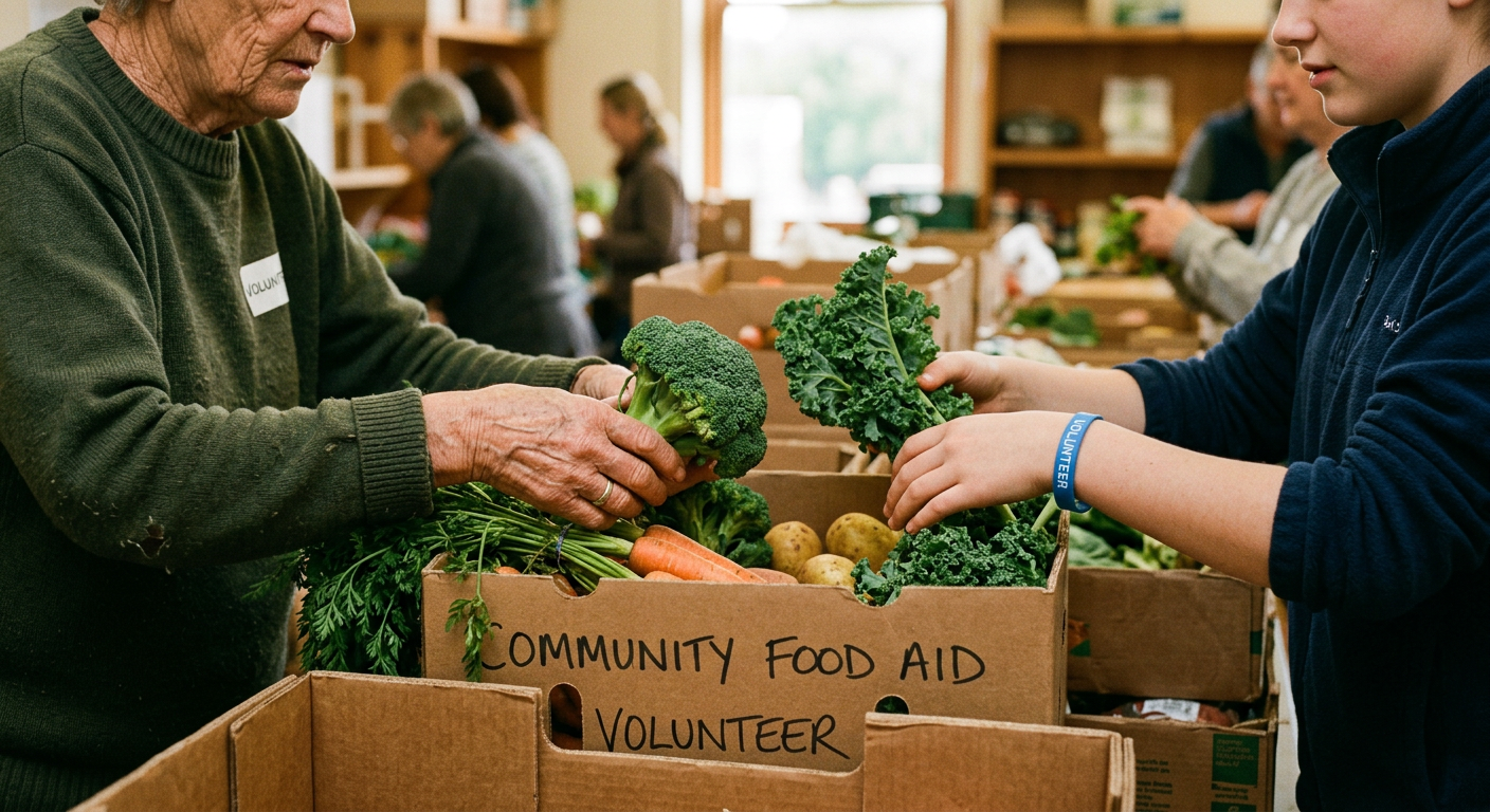 Volunteers packing fresh vegetables into boxes at a community food centre