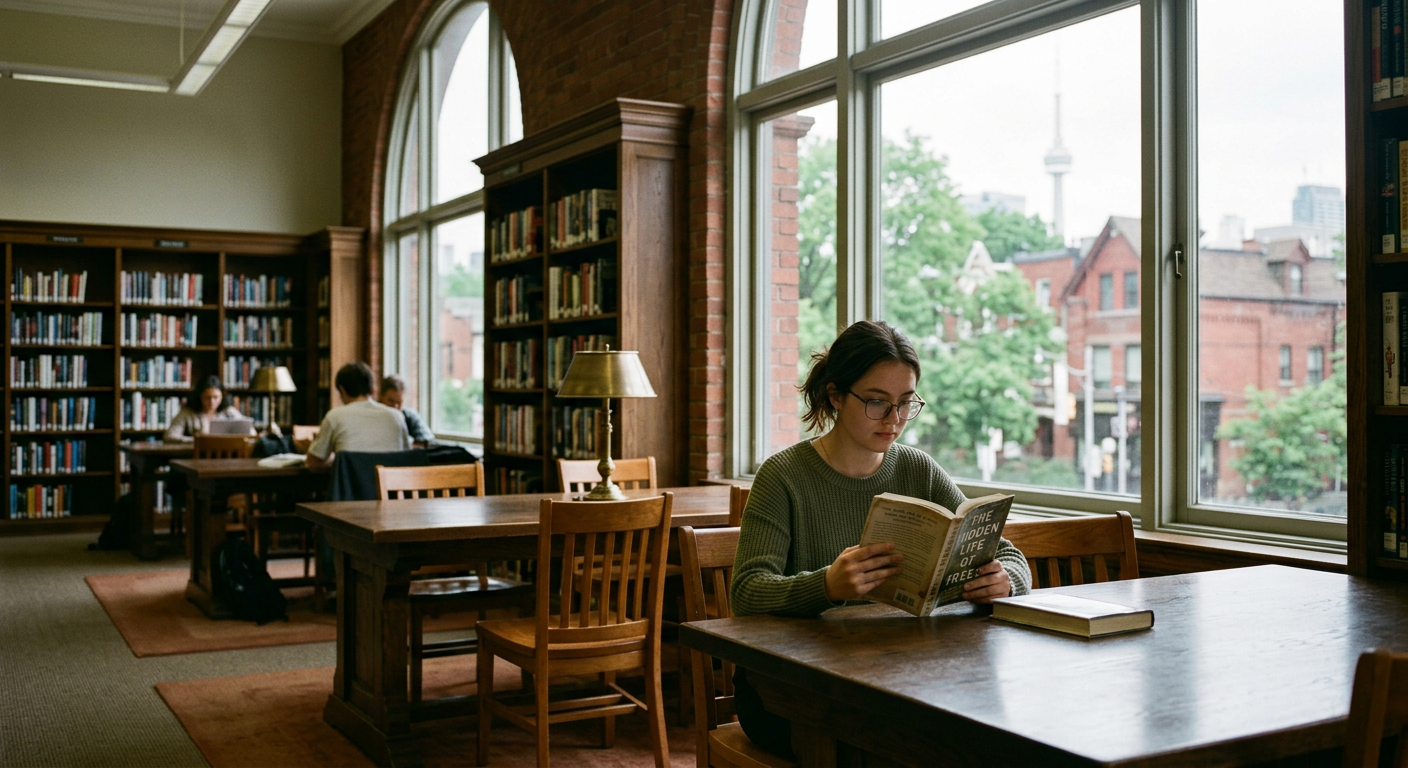 A student reading at a wooden table in a sunlit community library