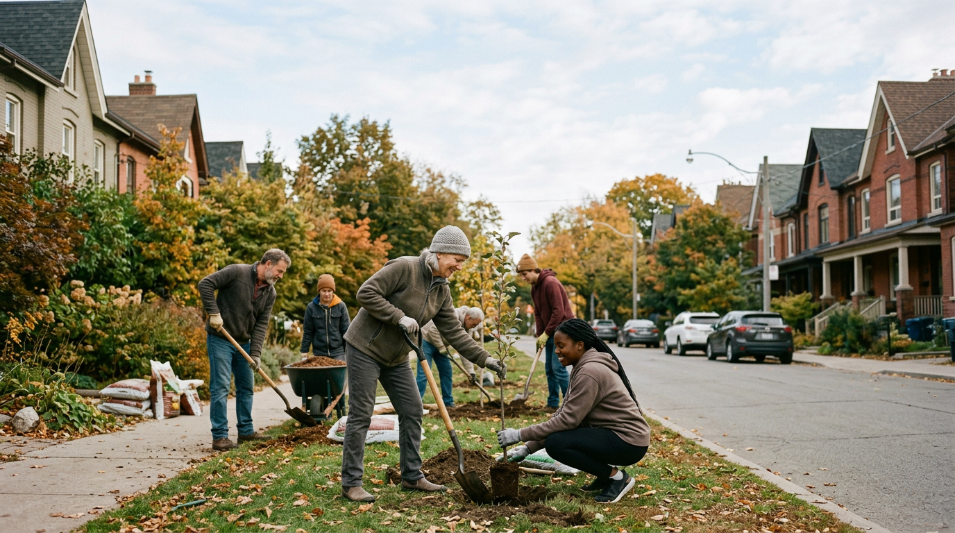 Volunteers planting young trees along a Toronto street in autumn